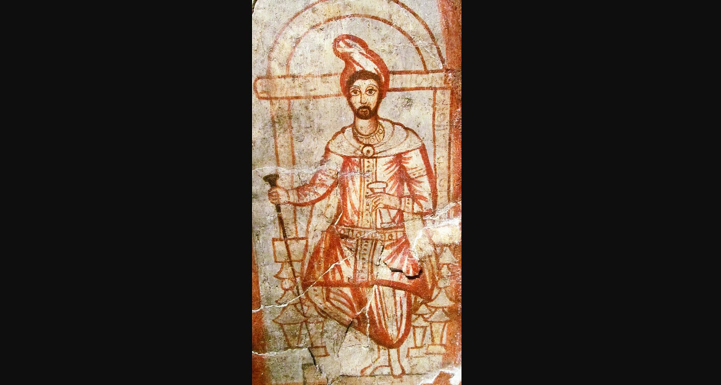 右手握着法杖，左手拿着卷轴的查拉图斯特拉画像