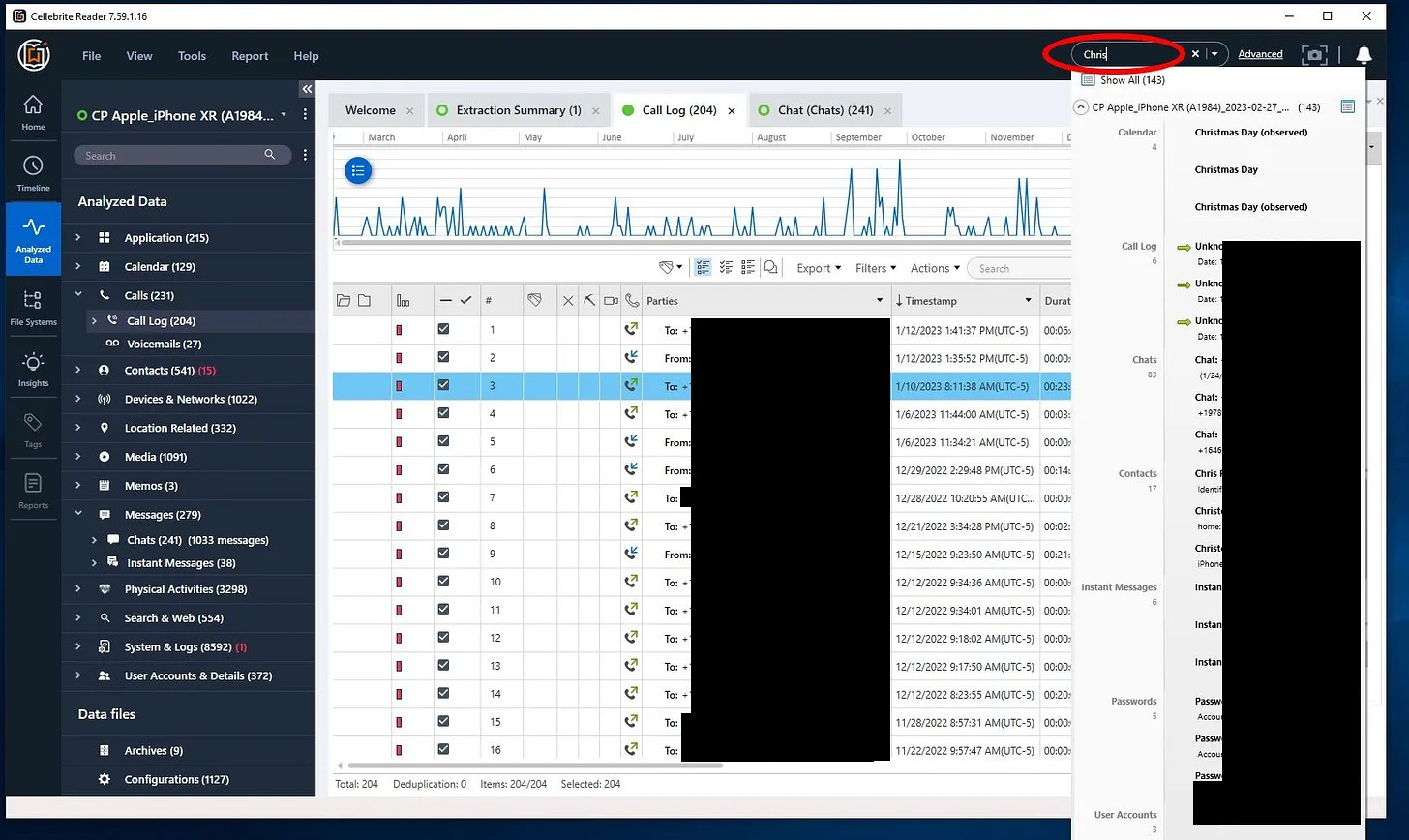 A screenshot of a Cellebrite phone extraction report opened in Cellebrite Reader with the search feature circled in red.