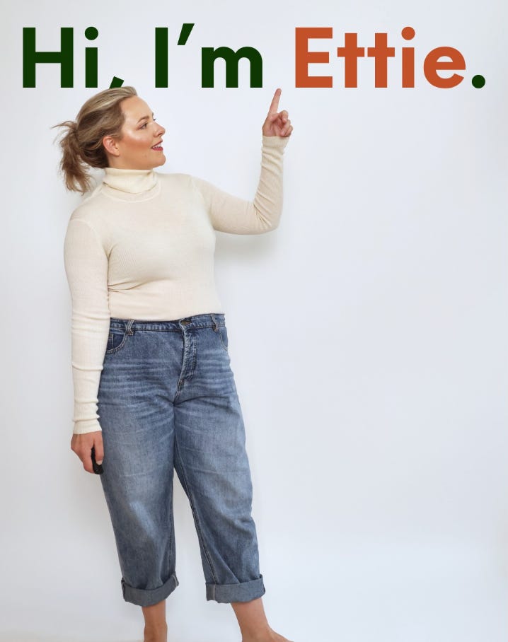Image description: a polaroid-style photo of me, a white woman with blonde, tied-up hair. I'm pointing towards large, green and burnt-orange text that says: "Hi, I'm Ettie." At the bottom, text says: "Candid self-portrait studio."