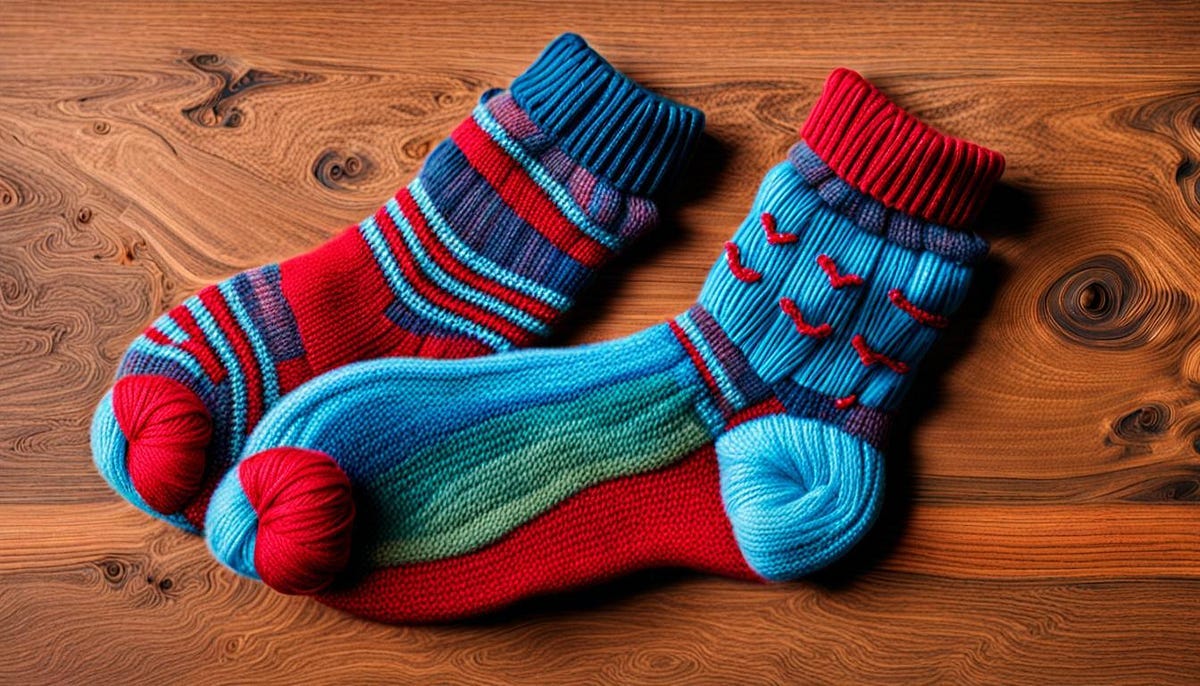 2 woollen socks on a wooden board 2 woollen socks on a wooden board