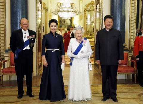 Xi Jinping's state visit to the UK, 2015. Welcomed by Queen Elizabeth II