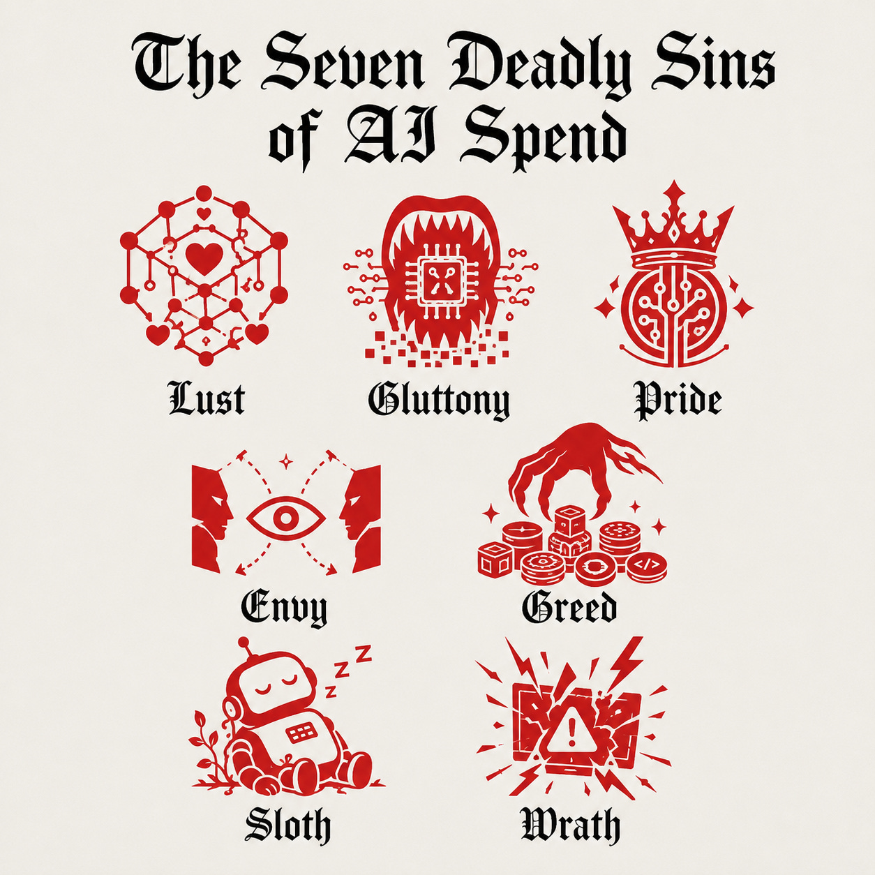 Illustrated poster showing seven AI spending failures represented by red symbols for lust, gluttony, pride, envy, greed, sloth and wrath.
