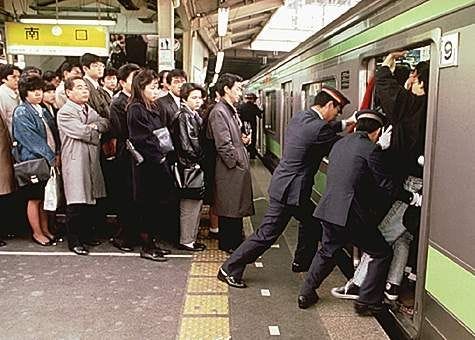 During rush hour they squeeze passengers onto the train like sardines ...
