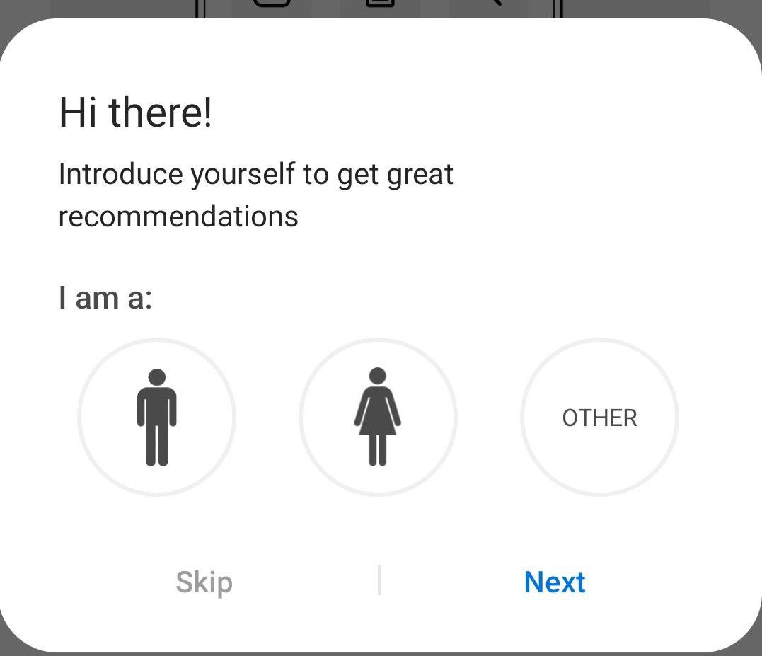 Schermata di configurazione dell'account Samsung. Il testo di apertura dice: "Hello! Introduce yourself to get great recommendations. I am a:". Sotto ci sono 3 opzioni tra cui scegliere: un'icona di un essere umano stilizzato, un'icona di un essere umano stilizzato che indossa una gonna e un'etichetta denominata “other".