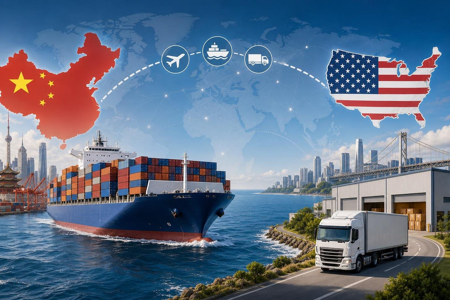 A cargo ship sailing between the coasts of China and the USA with a delivery truck near a warehouse on the USA side, illustrating international shipping. A cargo ship sailing between the coasts of China and the USA with a delivery truck near a warehouse on the USA side, illustrating international shipping.