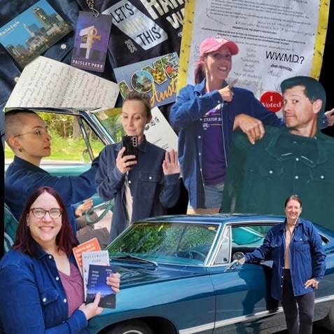 A collage of people standing in front of the Impala and Misha all wearing the same denim shirt. 