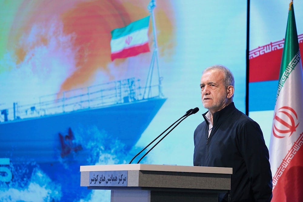 n this photo released by the Iranian Presidency Office, President Masoud Pezeshkian speaks to navy officials, in Tehran, Iran, Saturday, May 17, 2025 (AP)
