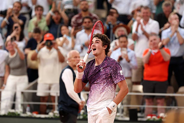 Joao Fonseca of Brazil reacts after victory against Novak Djokovic of Serbia during their Men's Singles third round match on Day Six of the 2026... Joao Fonseca of Brazil reacts after victory against Novak Djokovic of Serbia during their Men's Singles third round match on Day Six of the 2026...