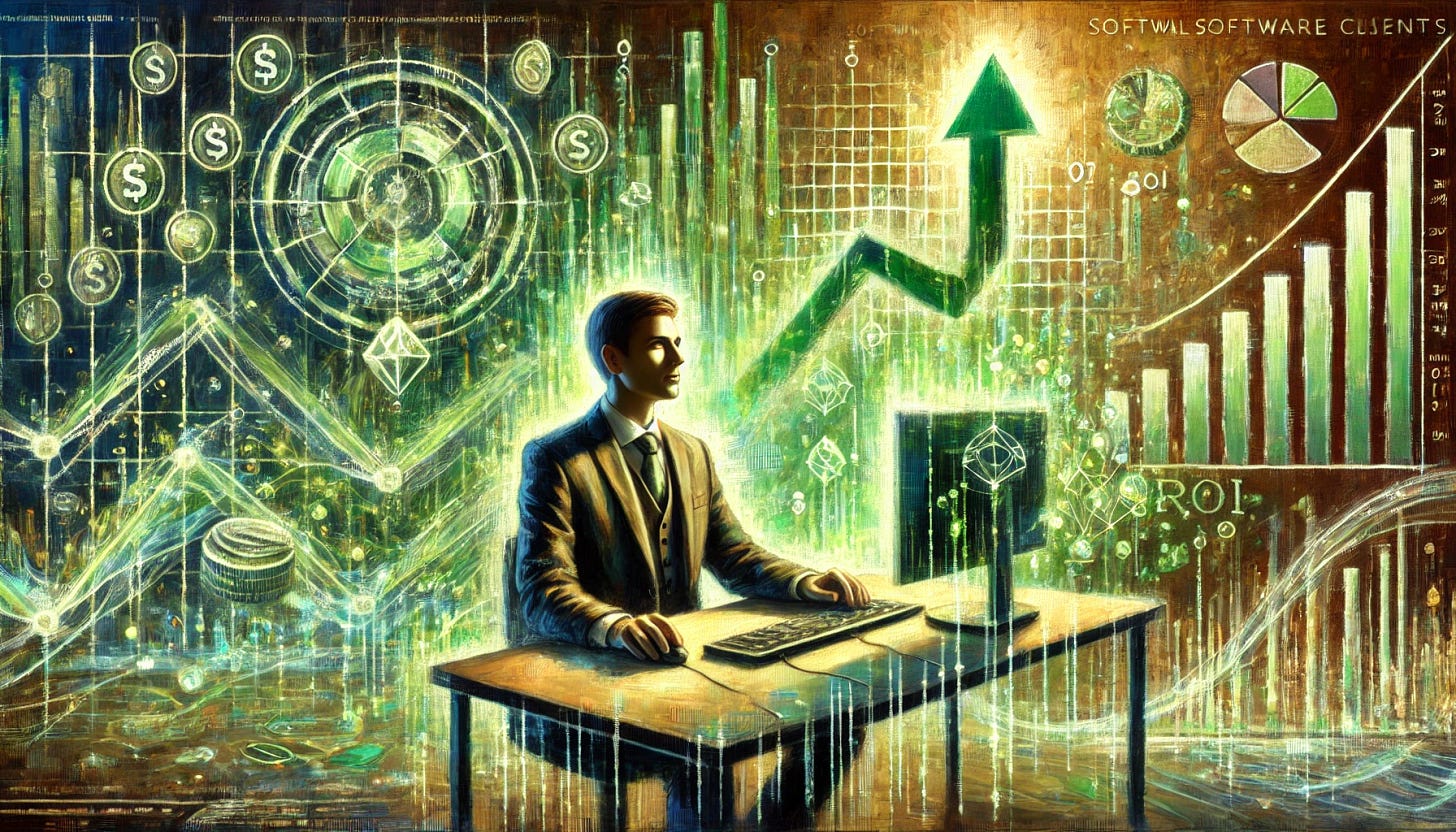 An oil painting depicting a 'software client generating ROI and feeling satisfied,' using tones of green. The central figure is a businessperson, seated confidently at a modern desk with a glowing computer screen, exuding satisfaction and success. Surrounding them are abstract representations of ROI, such as upward-trending graphs, coins, and flowing green energy, symbolizing growth and profit. The background features a harmonious blend of a futuristic office and abstract financial elements, rendered in various green hues to emphasize prosperity. The lighting highlights the client’s smile and the glowing computer, with subtle reflections on surrounding surfaces. Created using: expressive brushstrokes, impressionist oil painting techniques, abstract details, glowing effects, vibrant green tones, layered textures, modern business motifs, and dynamic composition, hd quality, natural look.