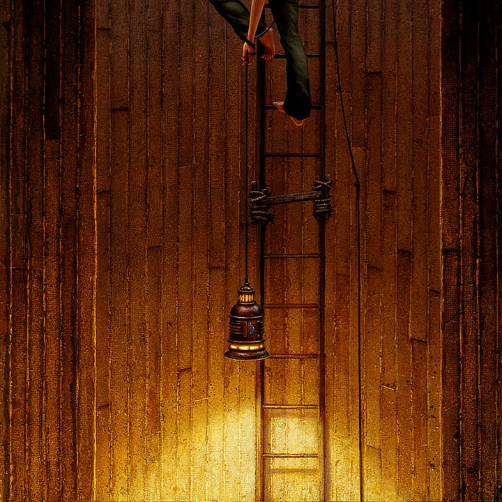 LEFT: Detail from BLUE WHALE featuring a young woman gripping the rung of a wooden ladder with one hand as she looks down the rope she's hauling. The rung immediately above her is broken but she doesn't see it. RIGHT: Detail from BLUE WHALE featuring the lantern farther down the shaft. A tiny blue whale decorates the side panel of the brass lamp. The circle of illumination cast from the bottom is cut off at the lower edge of the panel. The ladder is cobbled together with rope tying two segments together.