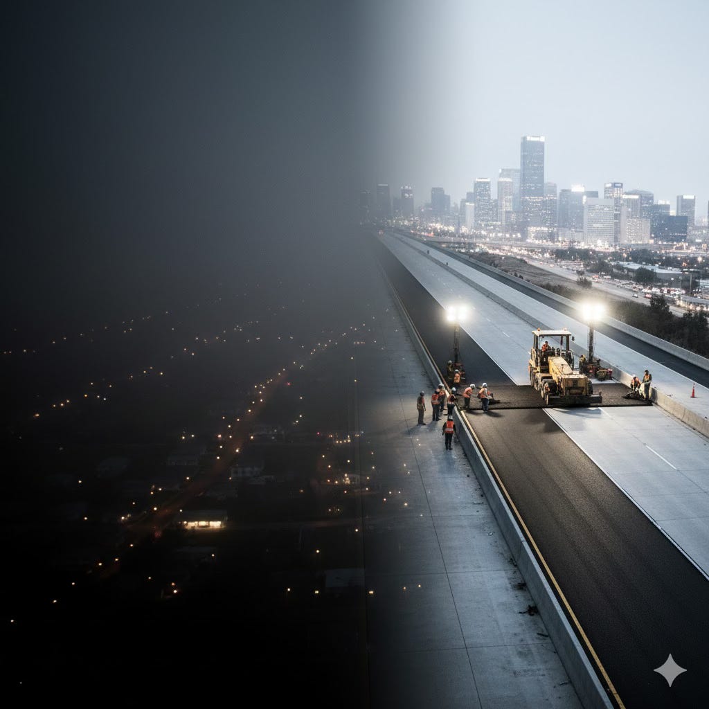 A cinematic, wide-angle horizontal split-view. On the right, a bright, modern multi-lane highway is under construction with paving machines and workers under stadium lights, leading toward a glowing metropolitan skyline. On the left, a sharp divide leads into a dark, foggy landscape where only scattered, dim lights of small, isolated towns are visible, representing the lack of connecting infrastructure.