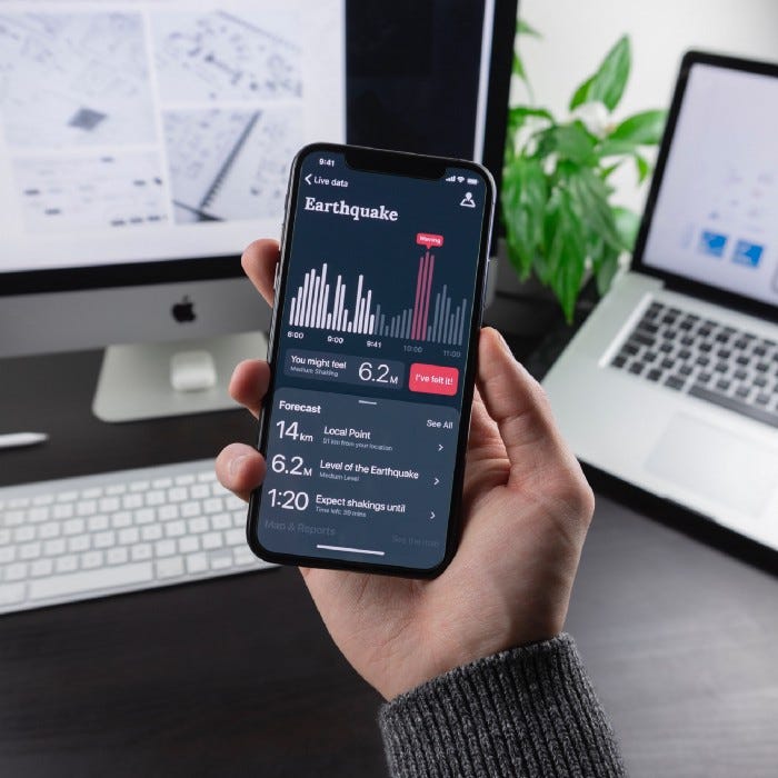 A visualization on a mobile app that shows an Earthquake through bar graphs, along with relevant statistics and actions. A visualization on a mobile app that shows an Earthquake through bar graphs, along with relevant statistics and actions.