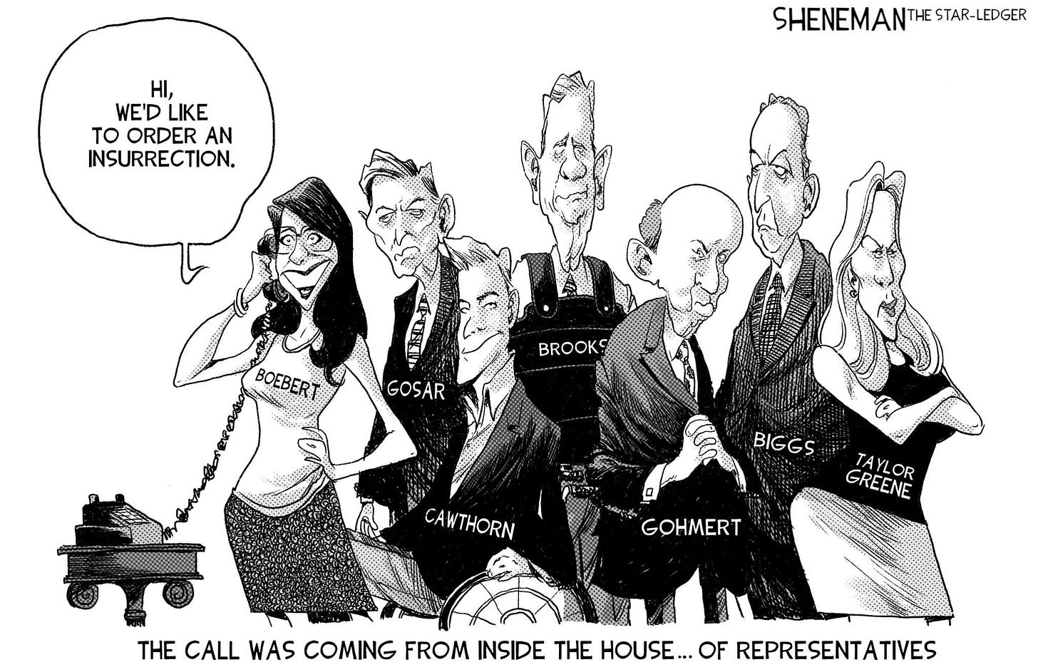 May be a cartoon of 2 people and text that says 'HI, WE'D LIKE TO ORDER AN INSURRECTION. SHENEMANTHE STAR-LEDGER BOEBERT BROOK GOSAR CAWTHORN BIGGS ig0 GREENE TAYLOR GOHMERT THE CALL WAS COMING FROM INSIDE THE HOUSE... OF REPRESENTATIVES'