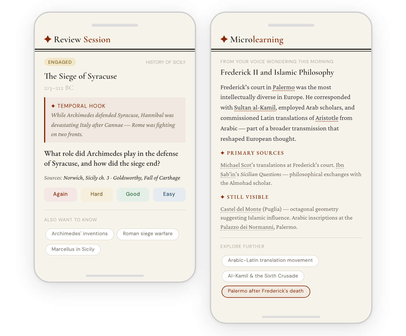 Review card with temporal hook and microlearning card