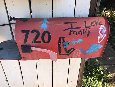 A collection of photos from Hawaii, including two whale tails rising from the water, a painted Maui mailbox, an historic museum in Lahaina, turtles on the beach, and the author enjoying a large burger in a location that's now likely burned.