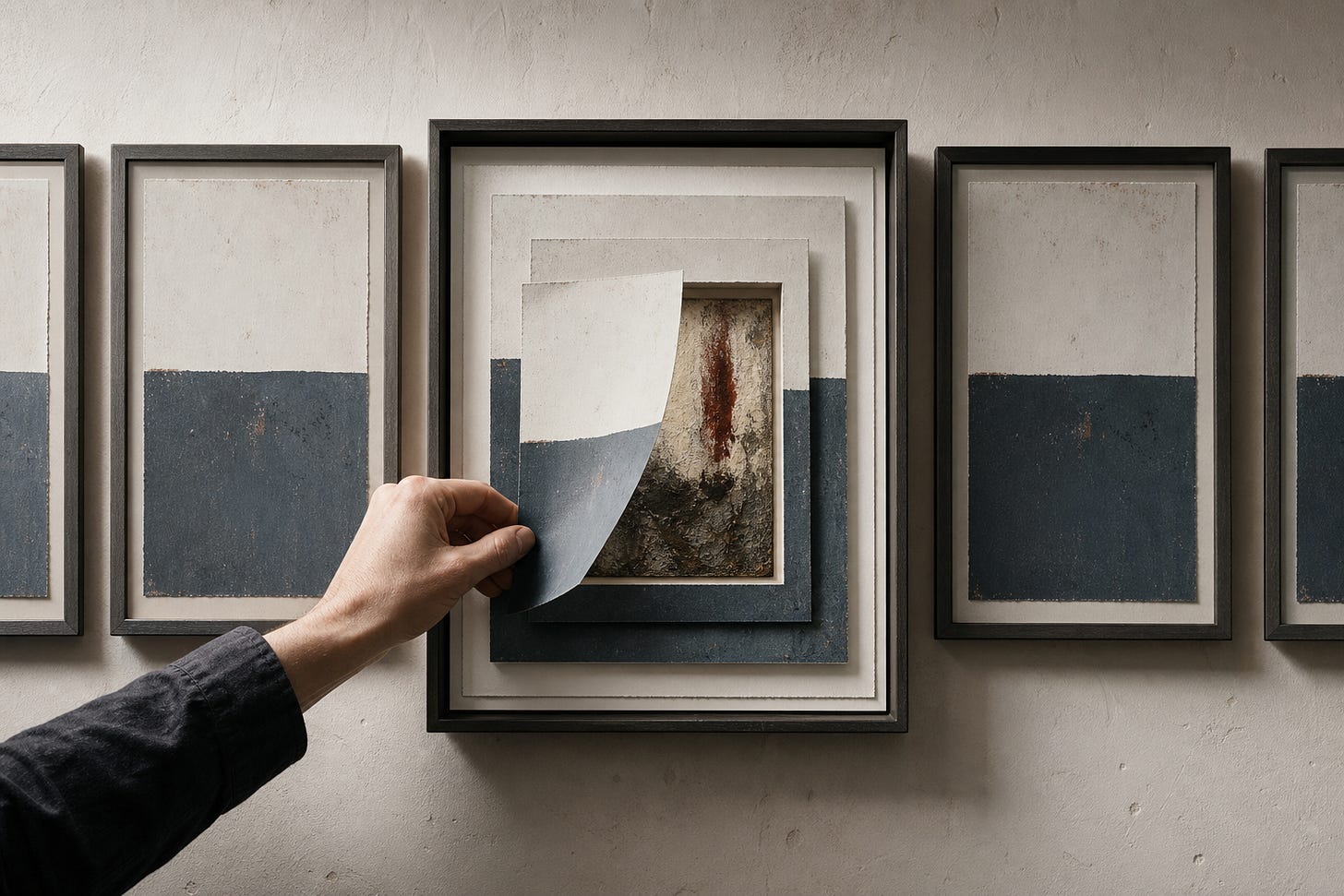 A hand lifts layered art prints in a frame, each layer showing abstract shapes made of blue and white rectangles on a wall.