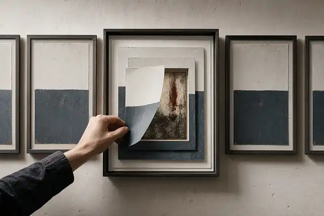 A hand lifts layered art prints in a frame, each layer showing abstract shapes made of blue and white rectangles on a wall.