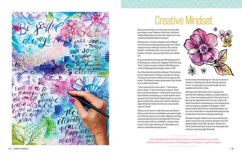May include: A book cover with a colorful floral design and the text "Be joyful always" and "Creative Mindset". The book is about creative expression and encouraging readers to embrace their creativity.