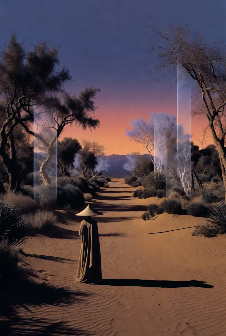 A surrealist photograph of a desert twilight garden with a central path, ghostly reflections, and a solitary figure.