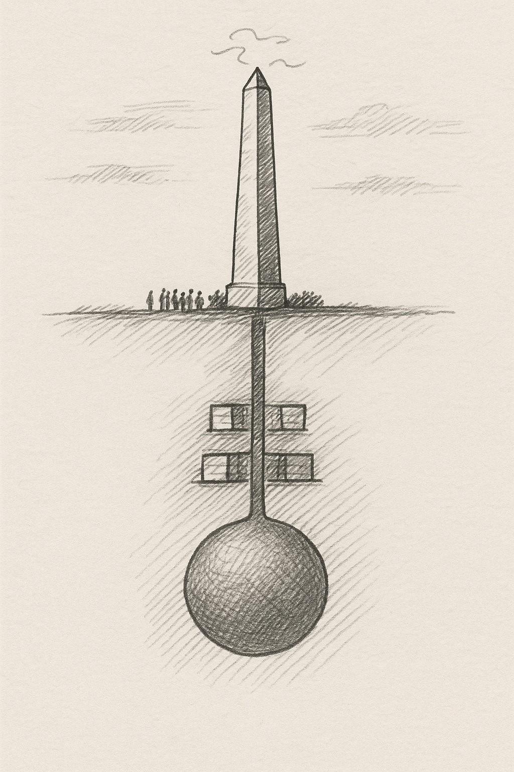 Diagram-like sketch of an obelisk above ground, with small human figures standing nearby. Beneath the surface, rectangular chamber-like forms are drawn, leading further down to a massive spherical core. The vertical alignment suggests the monument connects directly to this underground structure.