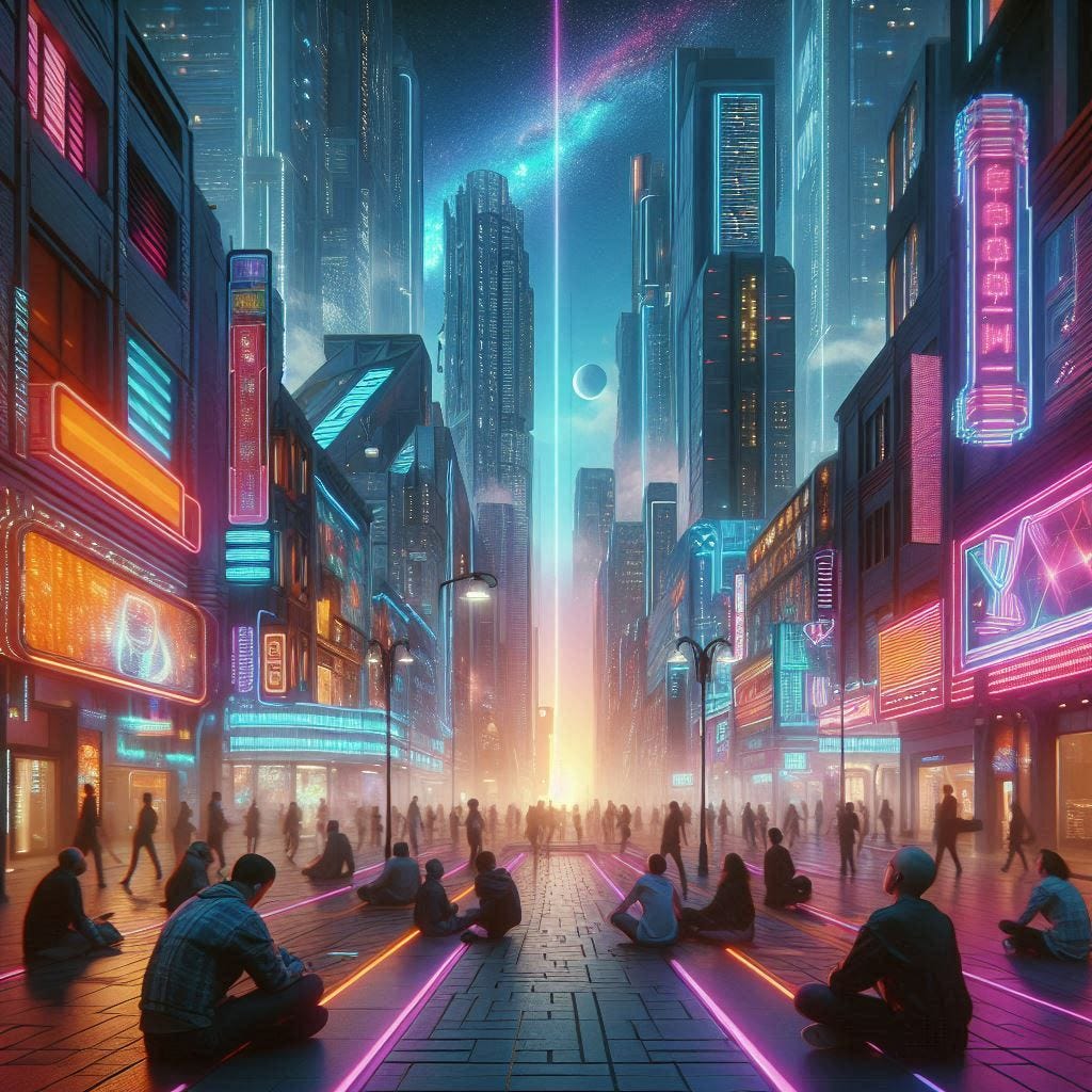 futuristic cityscape with neon and arcade lighting, people sitting and staring at the sky futuristic cityscape with neon and arcade lighting, people sitting and staring at the sky