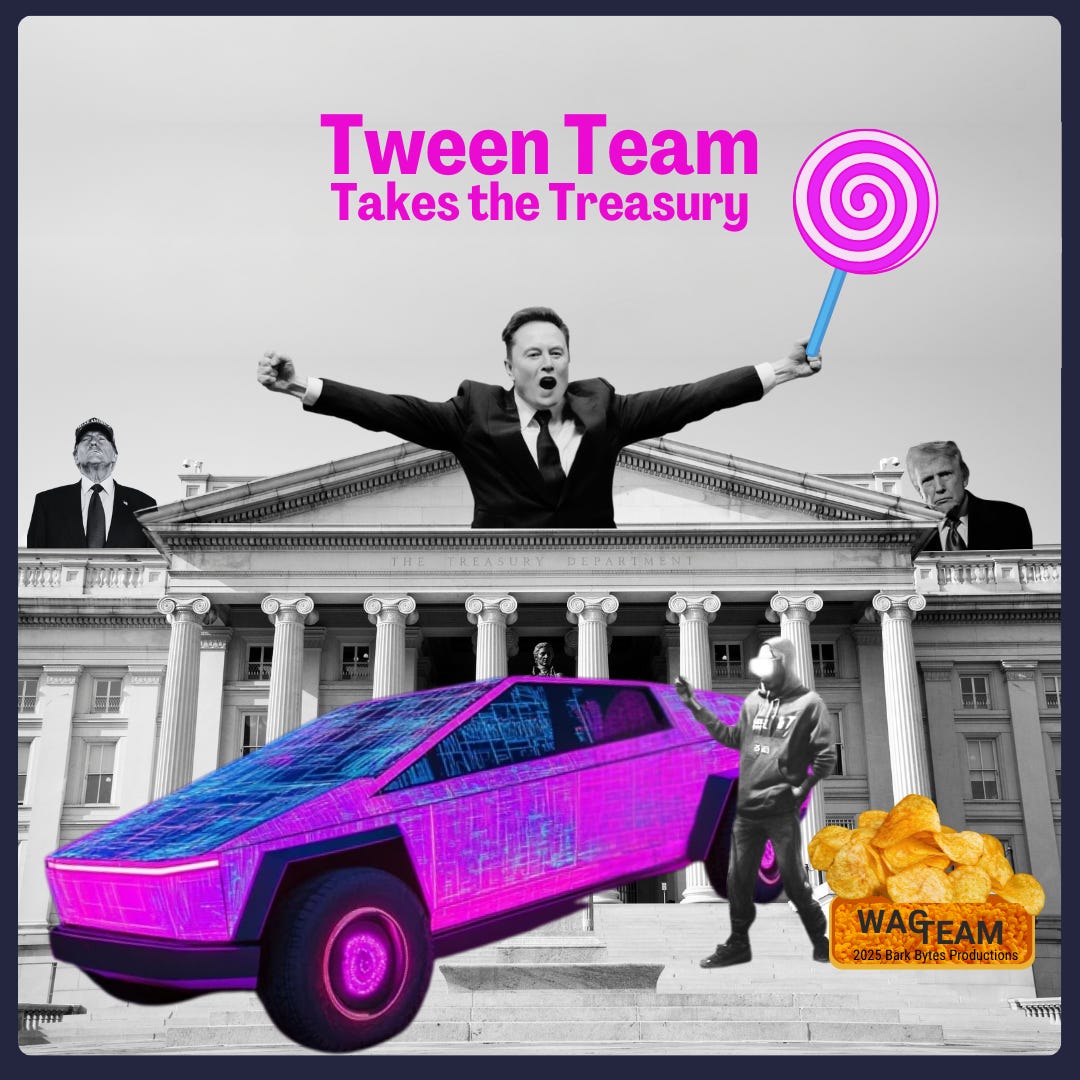 A satirical collage featuring the Treasury building being colonized by Gen Z chaos: a neon cybertruck that screams "my dad bought this," a suspiciously large lollipop, and what appears to be the world's most expensive teen angst. A satirical collage featuring the Treasury building being colonized by Gen Z chaos: a neon cybertruck that screams "my dad bought this," a suspiciously large lollipop, and what appears to be the world's most expensive teen angst.