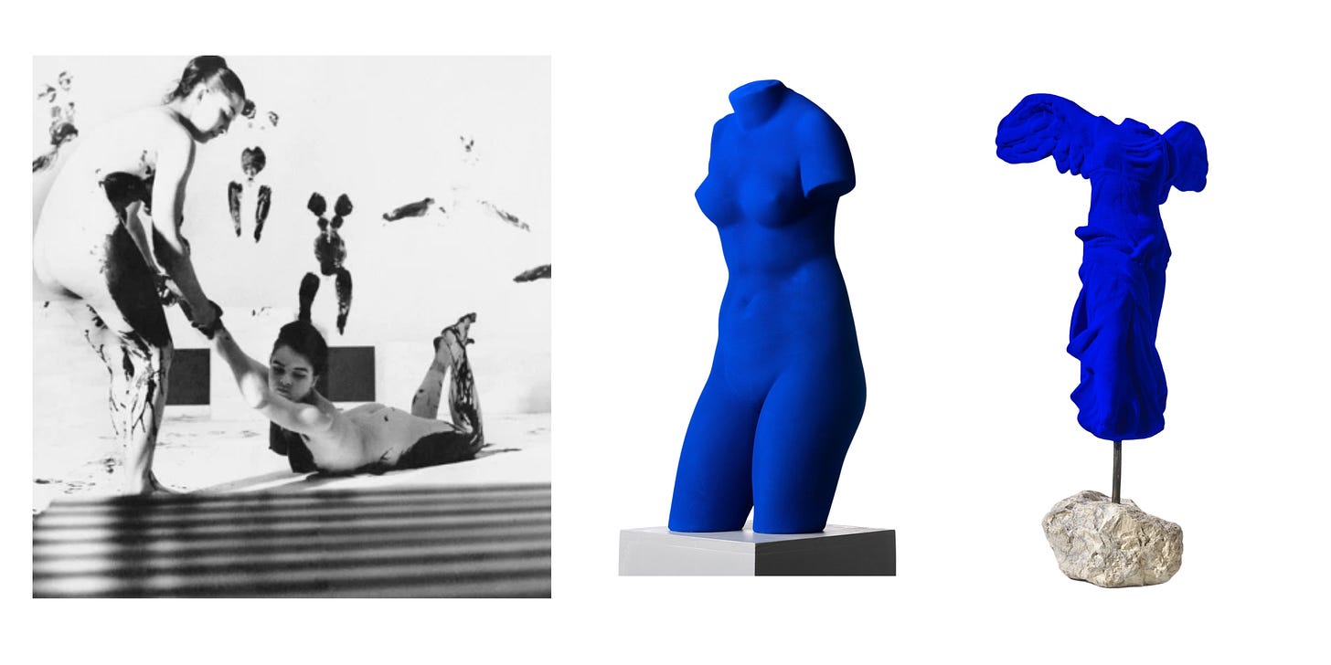 Three works by Yves Klein: Anthropométrie de l'Époque Bleue, Venus Bleue, and La Victoire de Samothrace