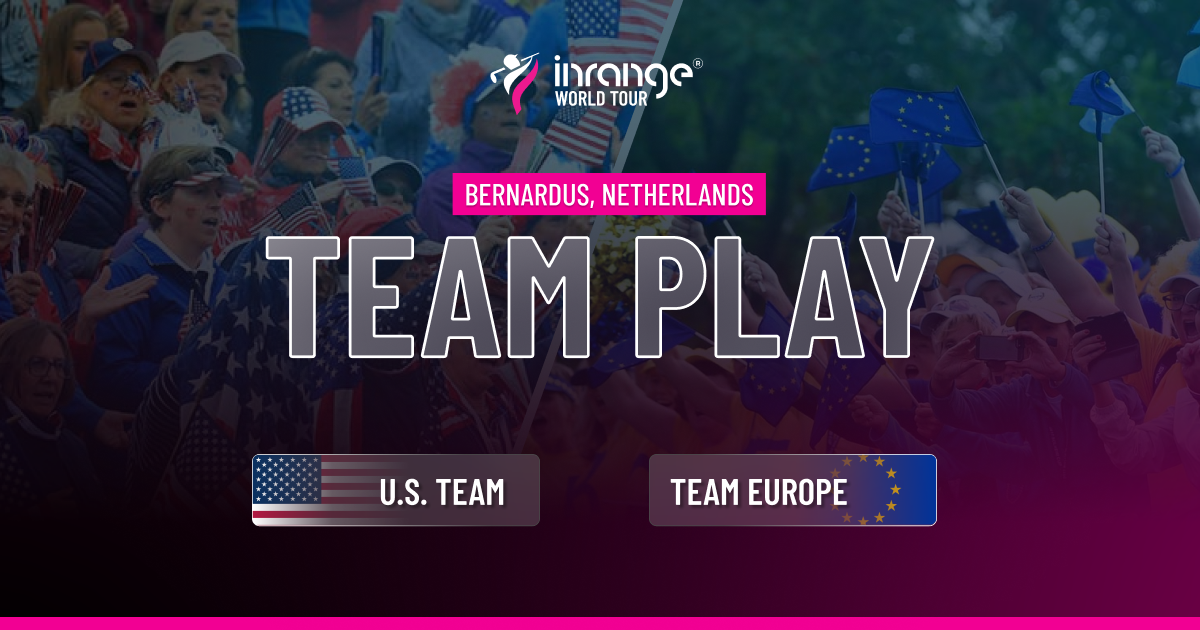 Inrange World Tour Team Play graphic showing U.S. Team vs Team Europe buttons against a crowd background, with Bernardus, Netherlands as the host course