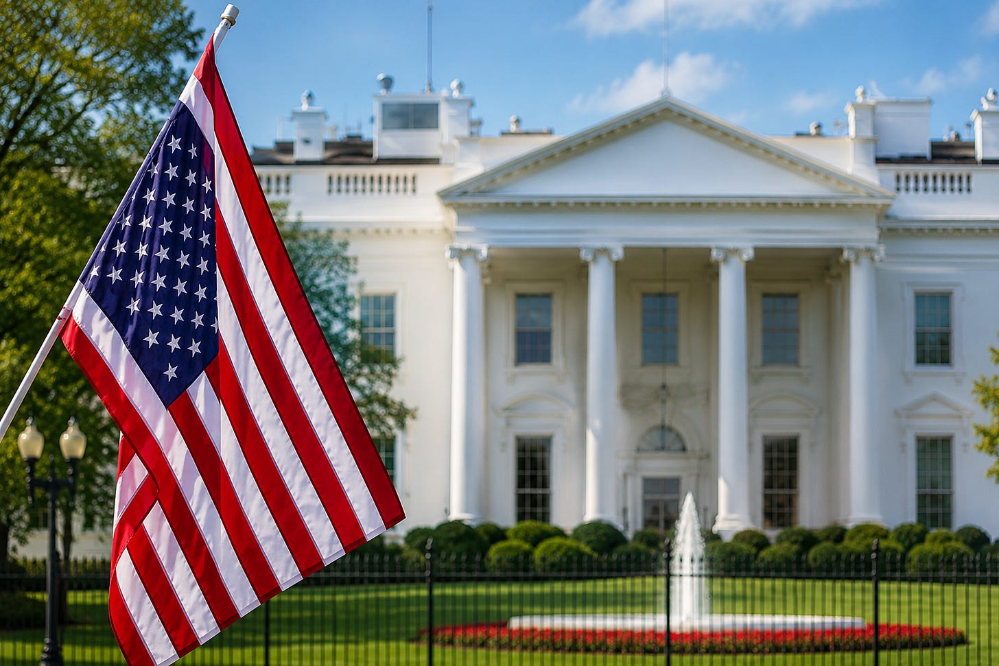 The White House stands in soft focus behind a prominent American flag, symbolising the continuing political and economic influence of the United States across the Caribbean amid shifting diplomatic priorities.