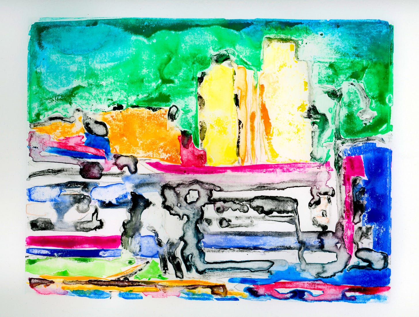 Abstract fields of blue,green, pink, orange, and yellow