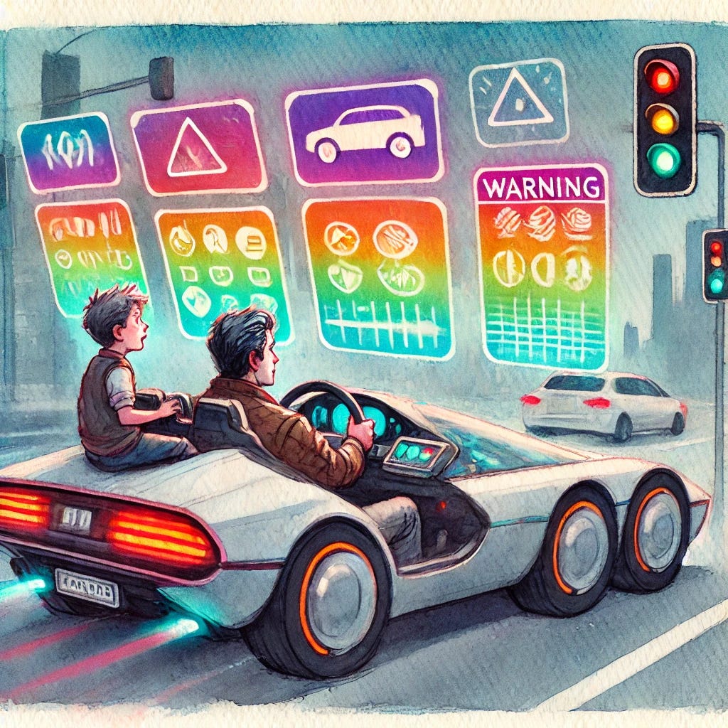 A watercolor illustration depicting a futuristic car speeding away from a traffic light. The driver, Harold, is gripping the wheel, with a look of exhilaration on his face as he accelerates. Next to him, a young boy named Tommy looks amazed, holding a gaming console that's forgotten in his lap. On the windshield, bright, colorful warning messages bloom like holograms in shades of red, orange, and yellow, competing for attention. The car's interior has a sleek, futuristic design with glowing displays. The background is blurred to show motion, with a cityscape in soft hues of gray and blue. The overall style is simple and dreamy, using soft watercolor tones to convey a sense of speed and freedom.