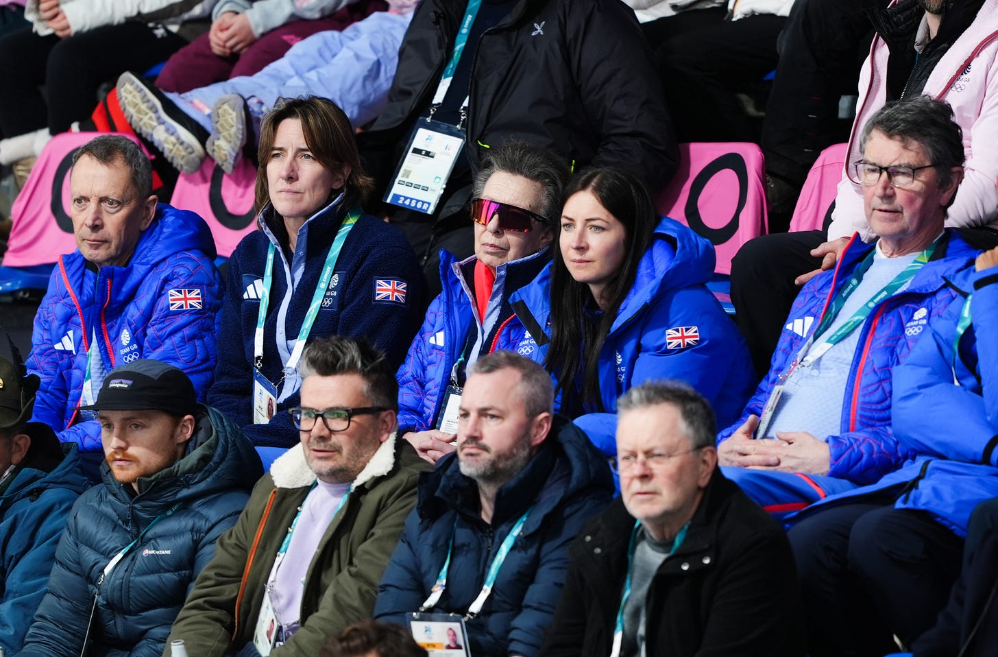 Princess Anne sat in a group of spectators wearing ski goggles