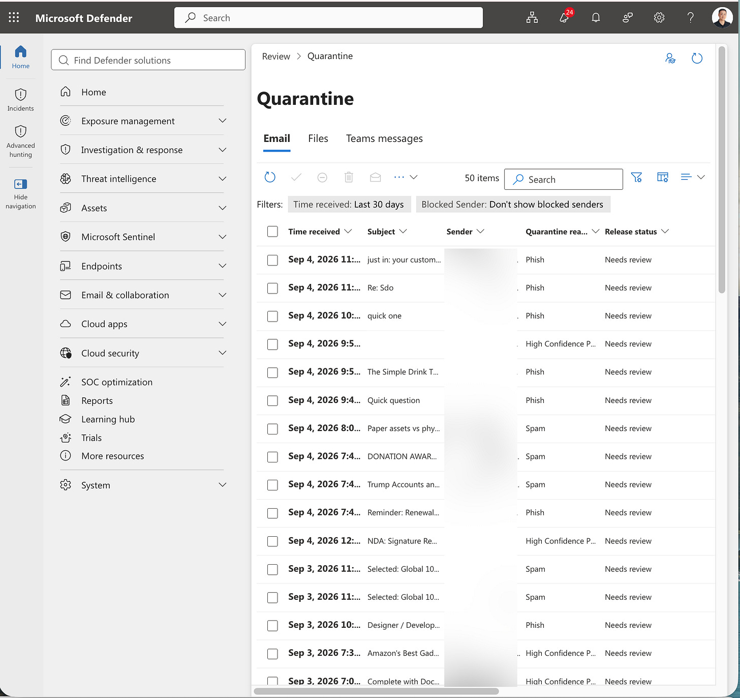 The Quarantine page in the Microsoft Defender portal, showing held messages with their verdict and release status. Sender addresses blurred.
