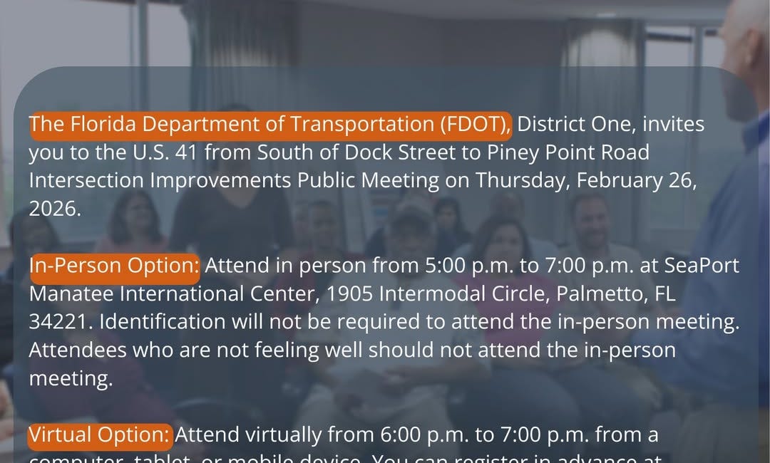 FDOT to Host Public Meeting on U.S. 41 Intersection Improvements in Palmetto