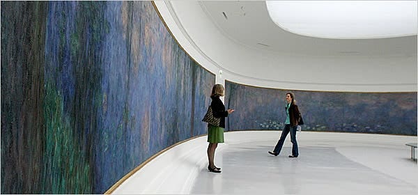 While the Orangerie museum was rebuilt around them for six years, Monet's waterlily paintings, too large to move, had to remain in place in the oval rooms built for them in 1927.
