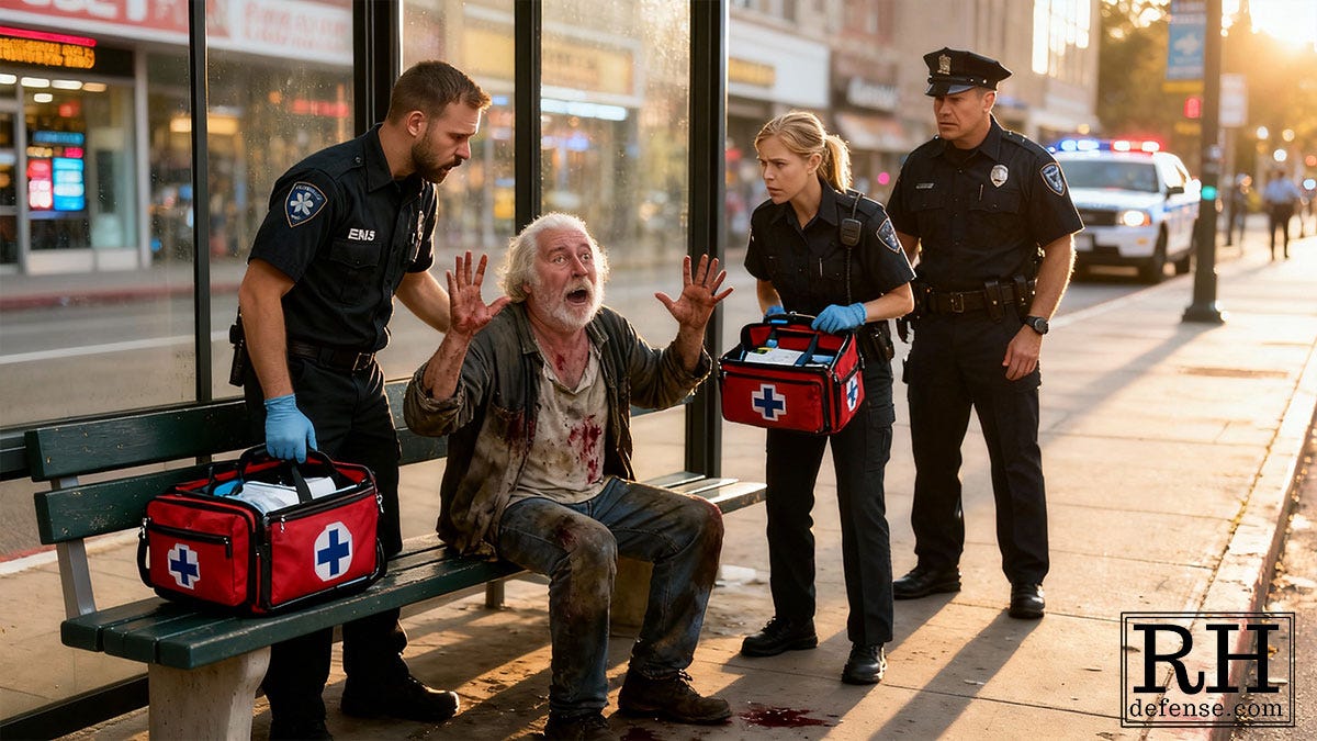 An older homeless man in distress sits on a bus stop bench with blood on his shirt while paramedics crouch beside him and a police officer stands nearby, all under harsh sunset light on a city sidewalk.
