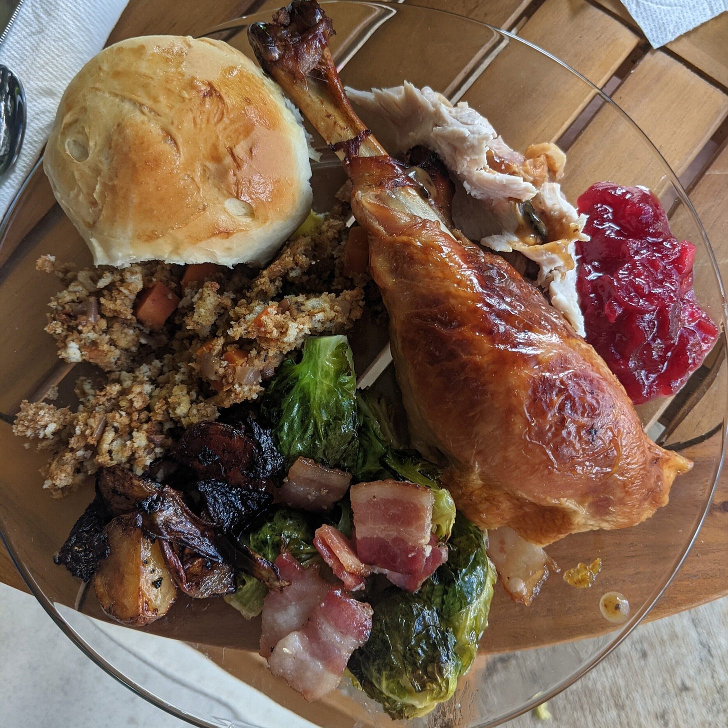 For Thanksgiving this year, I hate making turkey but we made the most moist turkey I have ever eaten. We made a wet brine and soaked the turkey overnight. The sides are mostly all homemade: maple-roasted brussels with bacon, dripping-roasted potatoe…