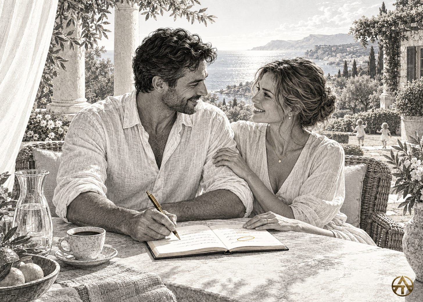 Black-and-white illustration of a couple smiling over an open notebook on a sunlit terrace above the sea. A gold pen and circled entry draw attention to their plan.
