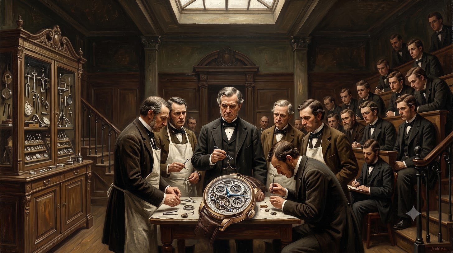 AI generated image a painting of a 19th-century surgical amphitheater in which the patient is a wristwatch