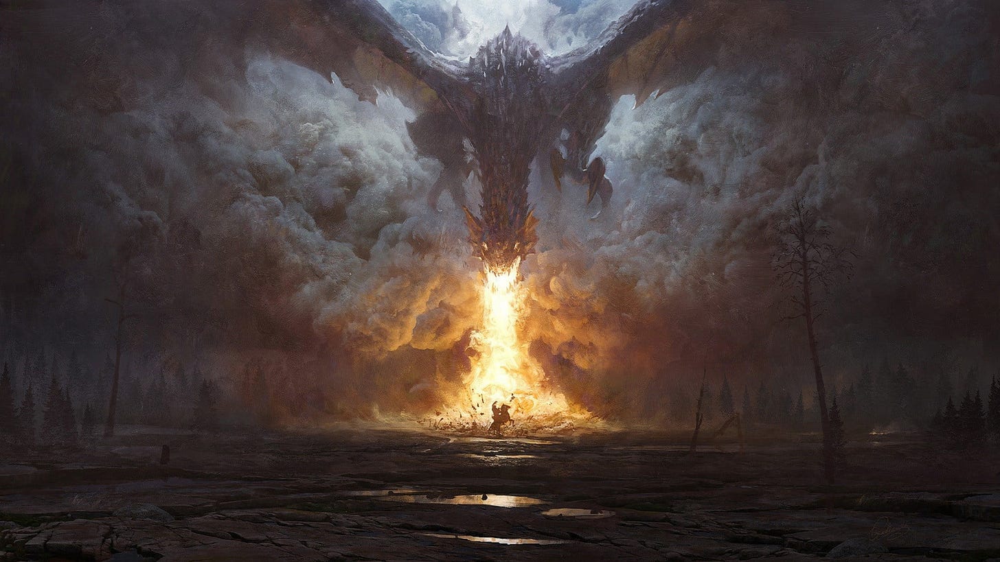 Giant dragon blasting a stream of fire onto a horseback rider Giant dragon blasting a stream of fire onto a horseback rider