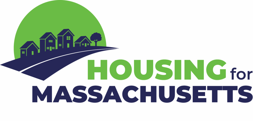 logo image with the text housing for Massachusetts and in the top left corner is a graphic of a street with various size houses in front of a green half circle