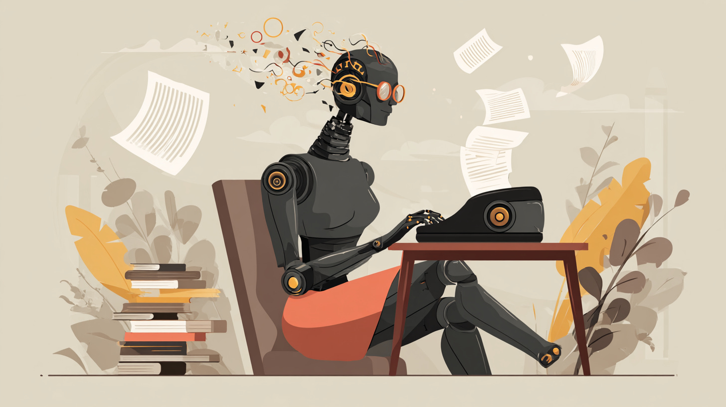 A robot sitting at a desk and writing with a typewriter.