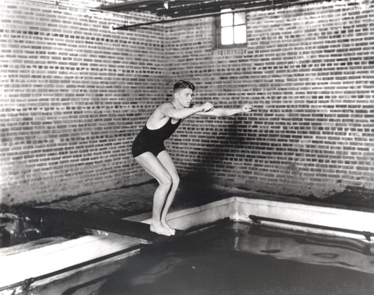 Ronald Reagan on Eureka College Swim Team Diving from Diving Board in Eureka, Illinois, 1928-32