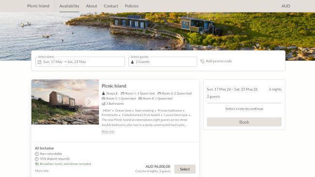 Page de réservation pour le chalet numéro 1 de Picnic Island, indiquant un total de 96 000 dollars australiens pour ce mis de mai