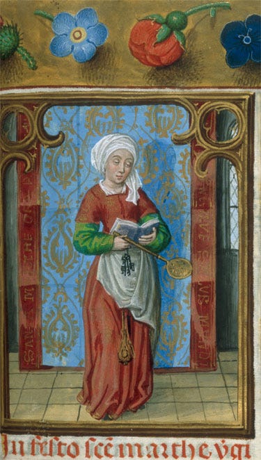 Two manuscript paintings of St. Martha; and a Renaissance painting of a maid with a Scriptural scene on the right of the image