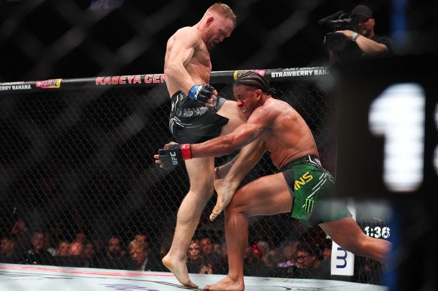 Jack Della Maddalena stopped Gilbert Burns with a jumping knee and further strikes in his last fight
