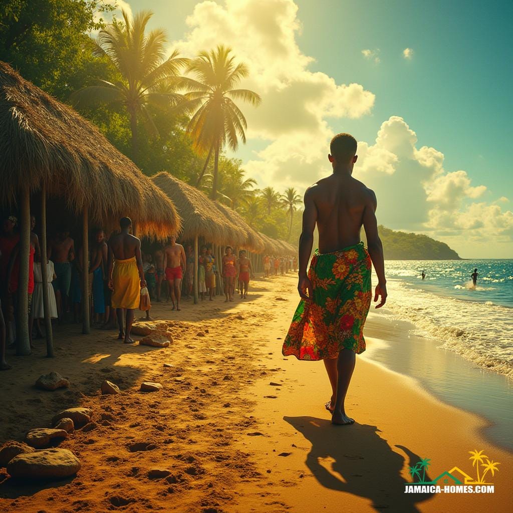 A Jamaican man, dressed in vibrant traditional clothing, walking through a sweeping timeline of Jamaican history, progressing from left to right, as if journeying through time. On the far left, warm, golden light illuminates historical scenes of Christopher Columbus's arrival, the indigenous Taino people's daily life, and the formation of Maroon communities, with lush green forests and rustic thatched huts. As the timeline moves rightward, the scenery shifts to depict Jamaica's key historical phases: the Maroons' resistance, with dramatic, fiery lighting and intense, bold colors; Jamaica's independence, symbolized by the iconic flag and joyful celebrations; cultural icons like Bob Marley, surrounded by a halo of light, representing reggae music's soulful spirit; emancipation, marked by somber, muted tones and haunting shadows; and a modern-day scene with Usain Bolt sprinting on the far right, bathed in bright, vibrant colors and dynamic, kinetic energy. The image, shot on a virtual equivalent of a v-raptor XL camera, features cinematic film grain, a subtle vignette, and meticulous color grading, with post-processing techniques that evoke the warmth and texture of 35mm film. Inspired by the works of cinematographers like Emmanuel Lubezki and Roger Deakins, the lighting is atmospheric and dramatic, with a focus on capturing the emotional depth and complexity of Jamaica's rich history. In the style of cinematic masters like Terrence Malick and Steven Spielberg, the image is a masterpiece of storytelling, epic in scope and stunning in its visual beauty.