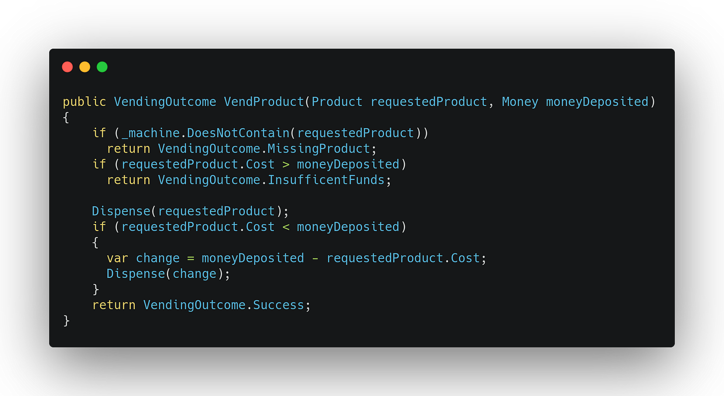 code which checks if a machine contains the requested product, and if not returns an outcome called missing product. if the requested product cost is greater than money depositied, returns an outcome indicating insufficent funds. otherwise despenses product, and dispenses change if requested product cost is less than money deposited.