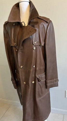 VTG 70s Leather Trench Coat Double Breasted Steampunk Belted Retro SPAIN Men M/L - Picture 11 of 24