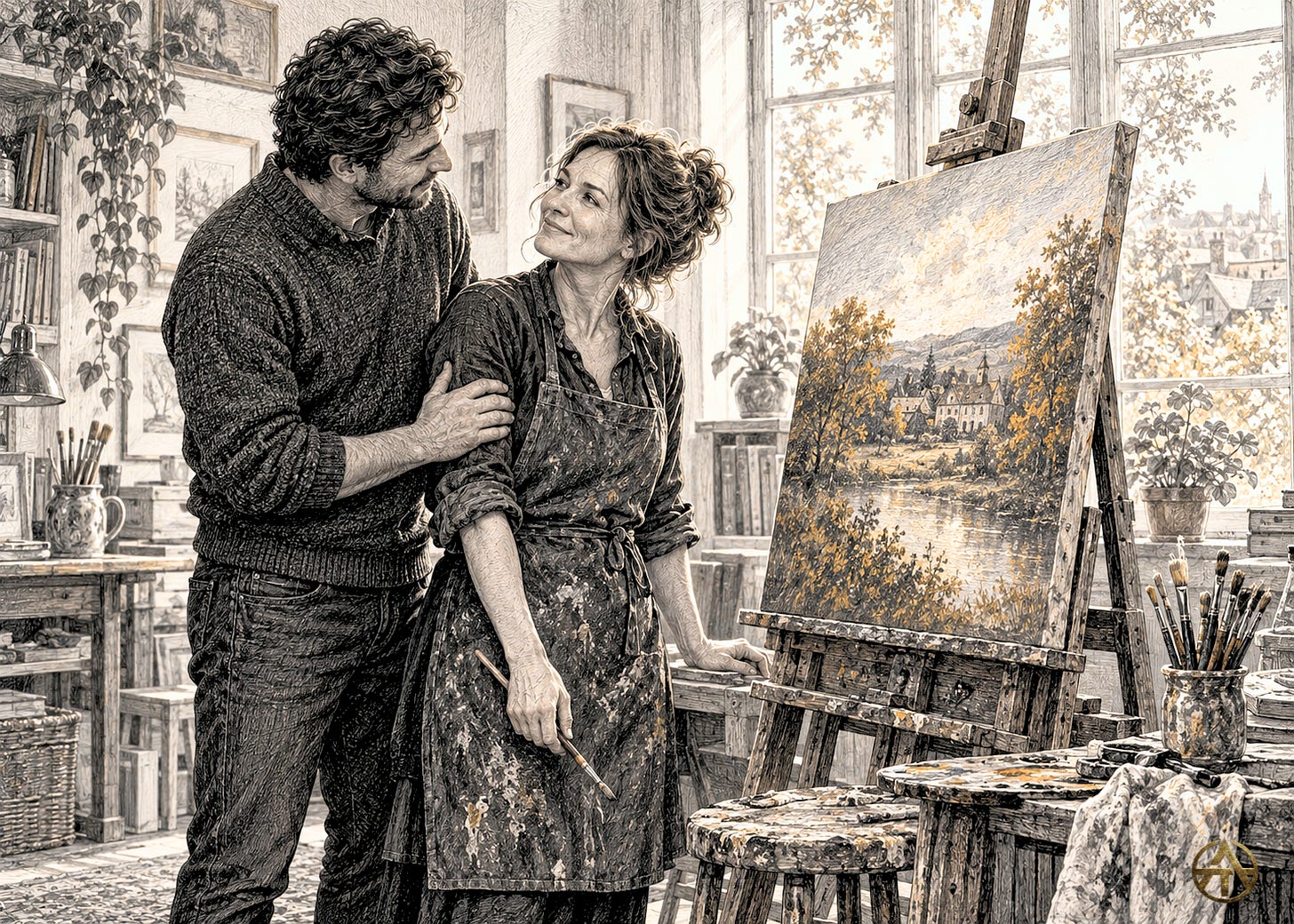 A woman holding a paintbrush shares a pleased look with her husband beside her completed painting; his hand rests on her upper arm.